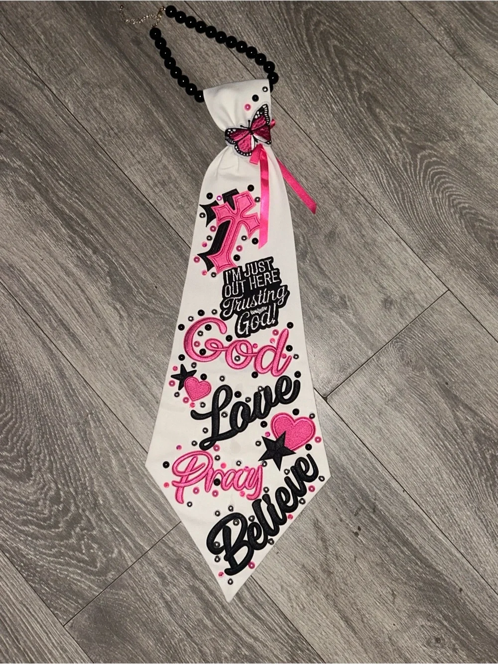 XXL Upcycled Crisp White Denim Faith Embellished Necktie